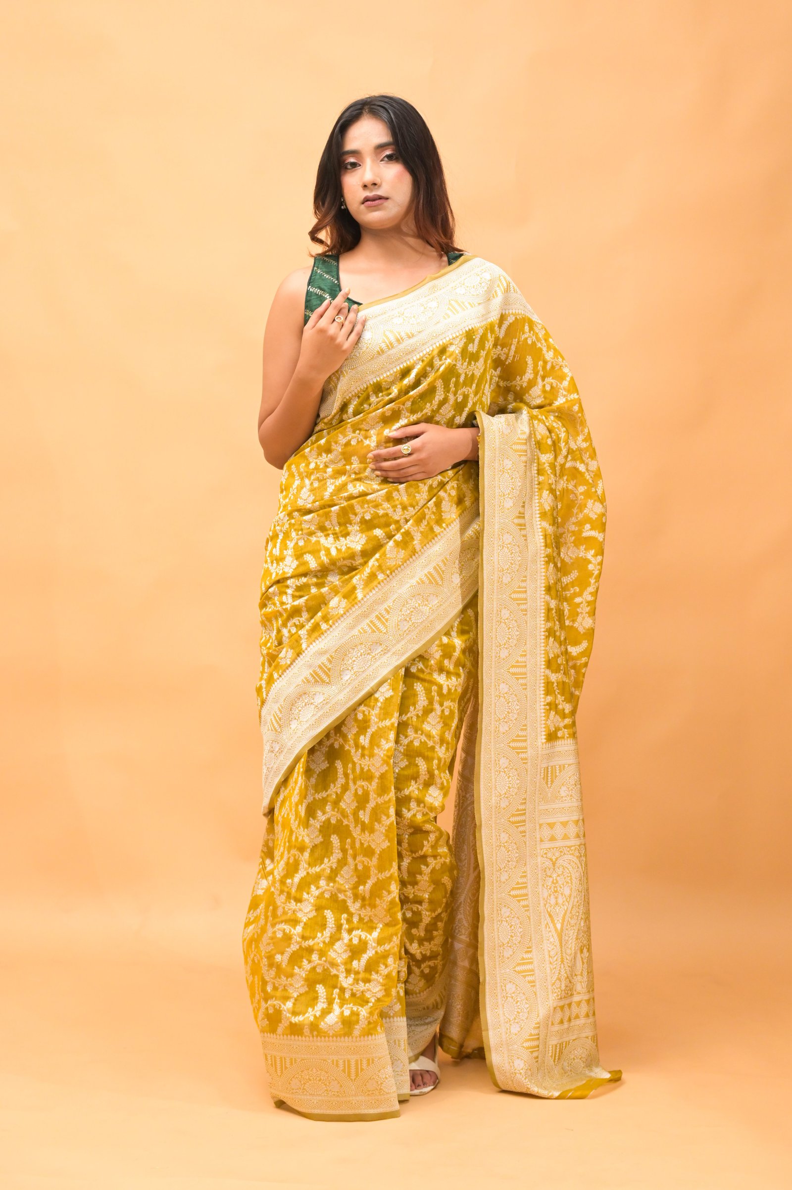 Leaf Jaal Ochre  Pure Cotton Saree With Strip Blouse